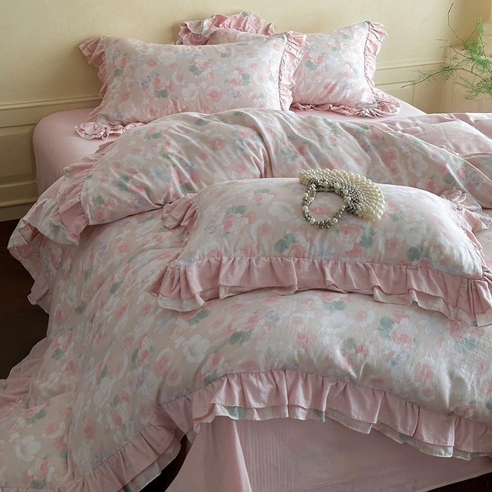 91家纺网 家纺一手货源 找家纺 （总）乐美家纺 2025新款全棉纯棉法式双层纱花边四件套