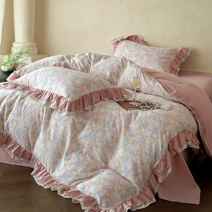 91家纺网 家纺一手货源 找家纺 （总）乐美家纺 2025新款全棉纯棉法式双层纱花边四件套