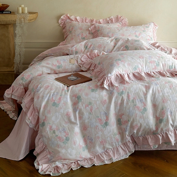 91家纺网 家纺一手货源 找家纺 乐美家纺 2025新款全棉纯棉法式双层纱花边四件套 潮汐月影