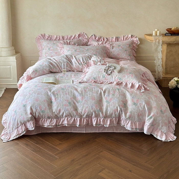 91家纺网 家纺一手货源 找家纺 乐美家纺 2025新款全棉纯棉法式双层纱花边四件套 潮汐月影