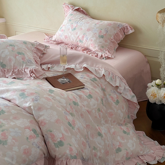 91家纺网 家纺一手货源 找家纺 乐美家纺 2025新款全棉纯棉法式双层纱花边四件套 潮汐月影