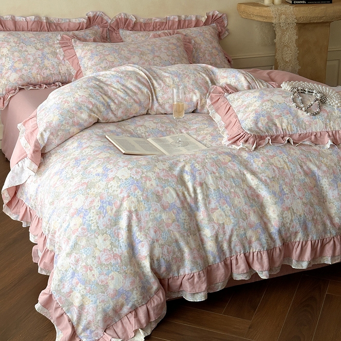 91家纺网 家纺一手货源 找家纺 乐美家纺 2025新款全棉纯棉法式双层纱花边四件套 暖阳绿意