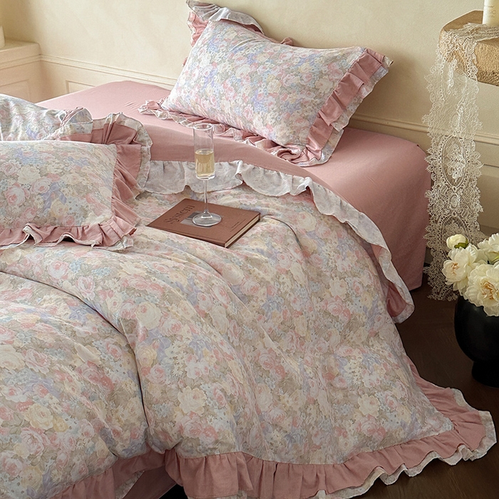 91家纺网 家纺一手货源 找家纺 乐美家纺 2025新款全棉纯棉法式双层纱花边四件套 暖阳绿意