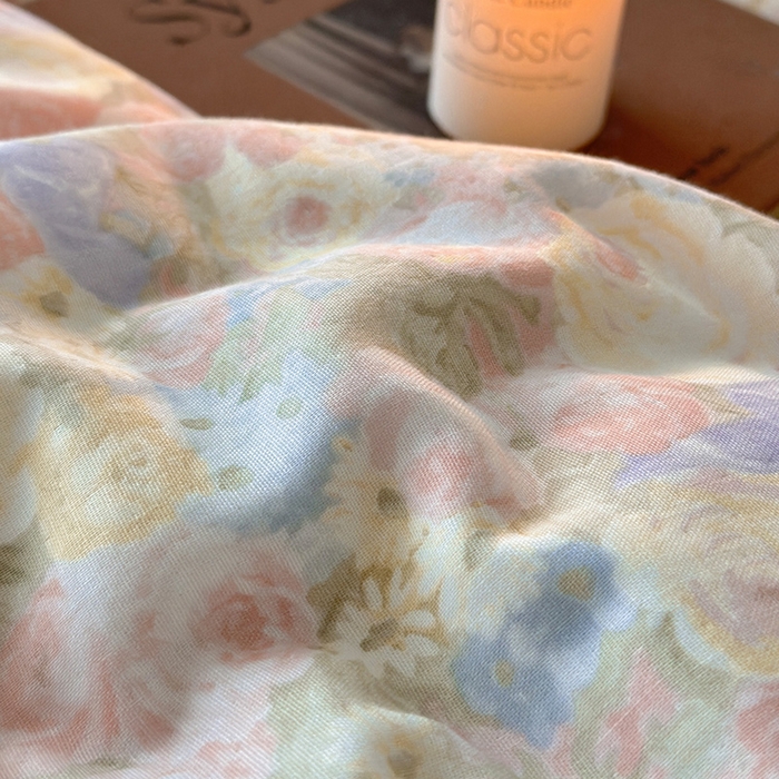 91家纺网 家纺一手货源 找家纺 乐美家纺 2025新款全棉纯棉法式双层纱花边四件套 暖阳绿意