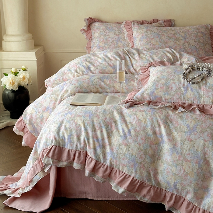 91家纺网 家纺一手货源 找家纺 乐美家纺 2025新款全棉纯棉法式双层纱花边四件套 暖阳绿意