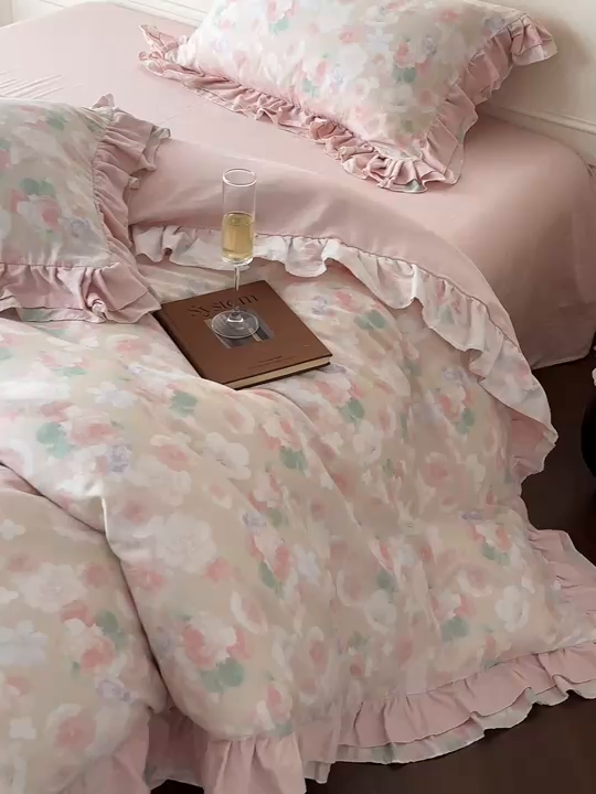 91家纺网 家纺一手货源 找家纺 （总）乐美家纺 2025新款全棉纯棉法式双层纱花边四件套