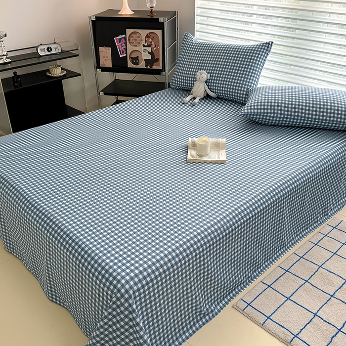 91家纺网 家纺一手货源 找家纺 十一家居 2025年新款ins无印风A类云朵亲肤水洗棉单床单——眠语系列 蓝小格