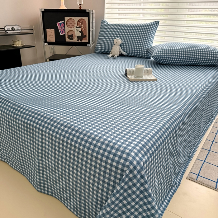 91家纺网 家纺一手货源 找家纺 十一家居 2025年新款ins无印风A类云朵亲肤水洗棉单床单——眠语系列 蓝小格