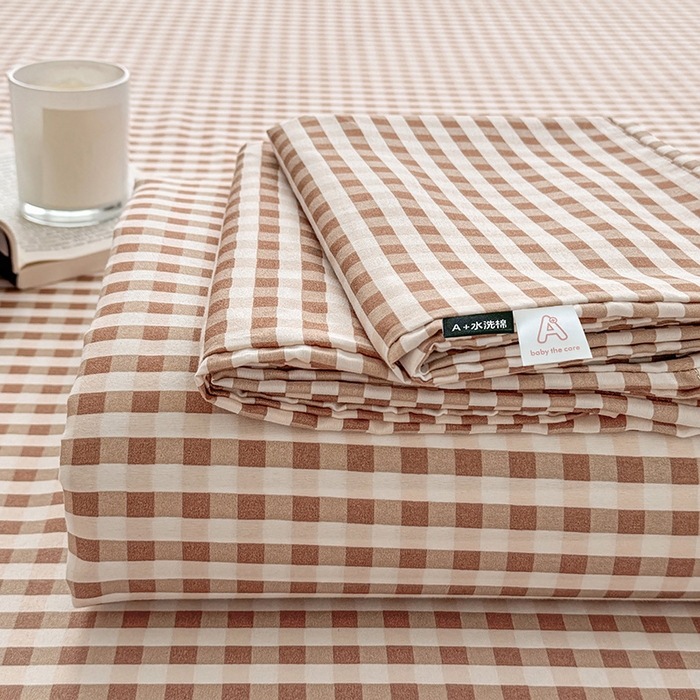 十一家居 2025年新款ins无印风A类云朵亲肤水洗棉单床单——眠语系列 豆沙小格