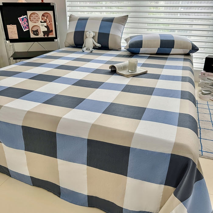 91家纺网 家纺一手货源 找家纺 十一家居 2025年新款ins无印风A类云朵亲肤水洗棉单床单——眠语系列 蓝调大格