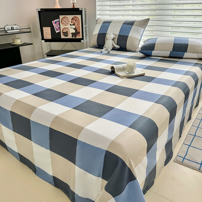 91家纺网 家纺一手货源 找家纺 十一家居 2025年新款ins无印风A类云朵亲肤水洗棉单床单——眠语系列 蓝调大格