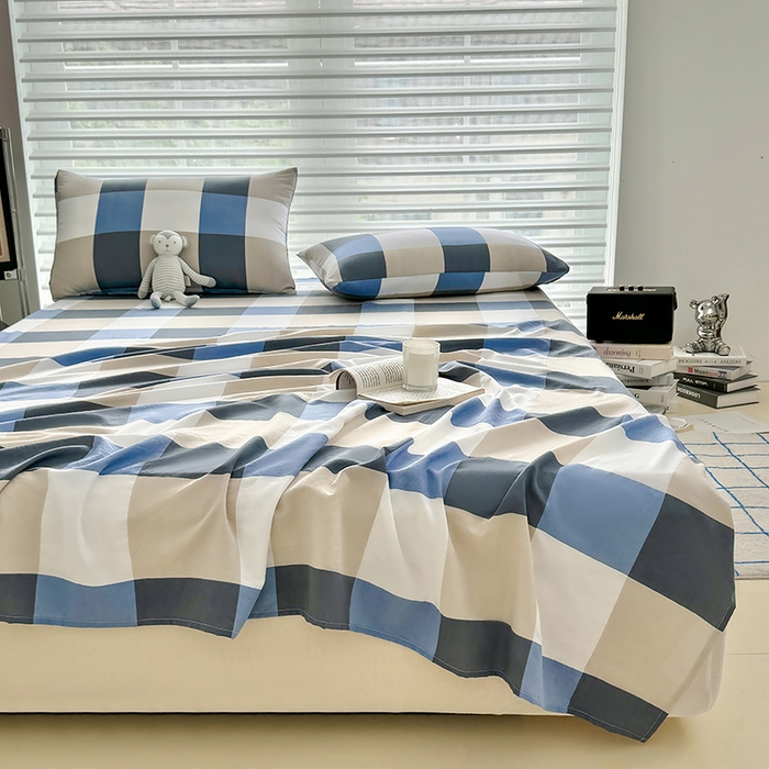 91家纺网 家纺一手货源 找家纺 十一家居 2025年新款ins无印风A类云朵亲肤水洗棉单床单——眠语系列 蓝调大格