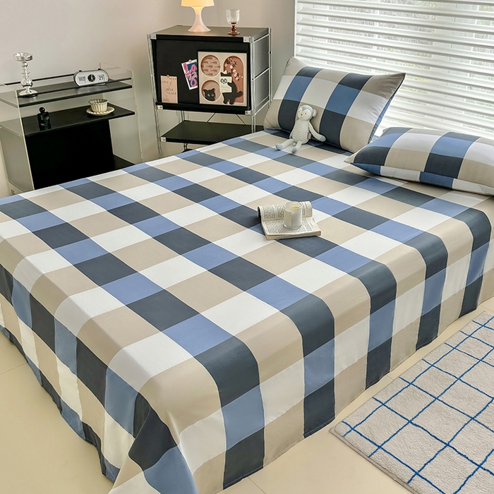 91家纺网 家纺一手货源 找家纺 十一家居 2025年新款ins无印风A类云朵亲肤水洗棉单床单——眠语系列 蓝调大格