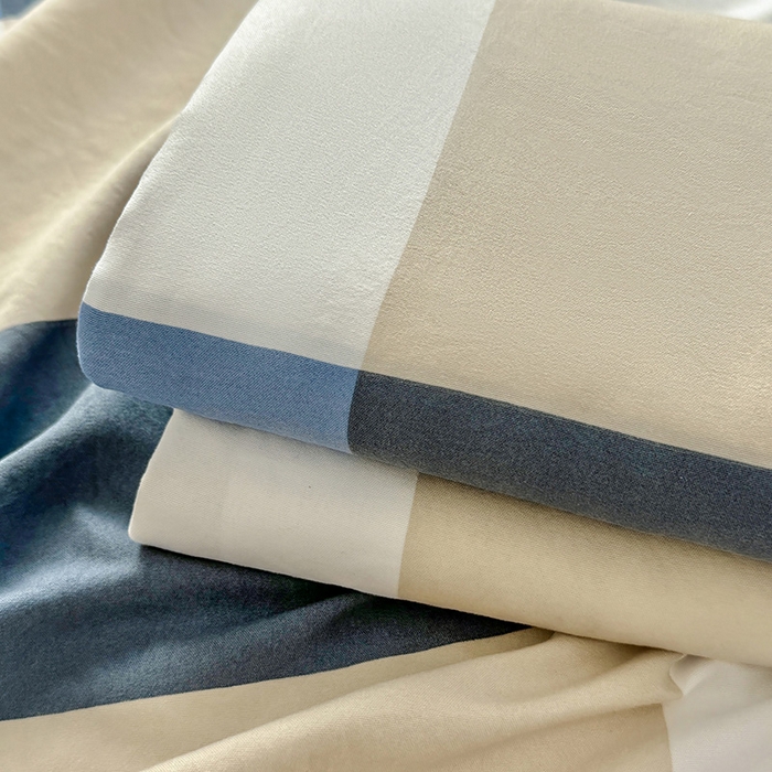 91家纺网 家纺一手货源 找家纺 十一家居 2025年新款ins无印风A类云朵亲肤水洗棉单床单——眠语系列 蓝调大格