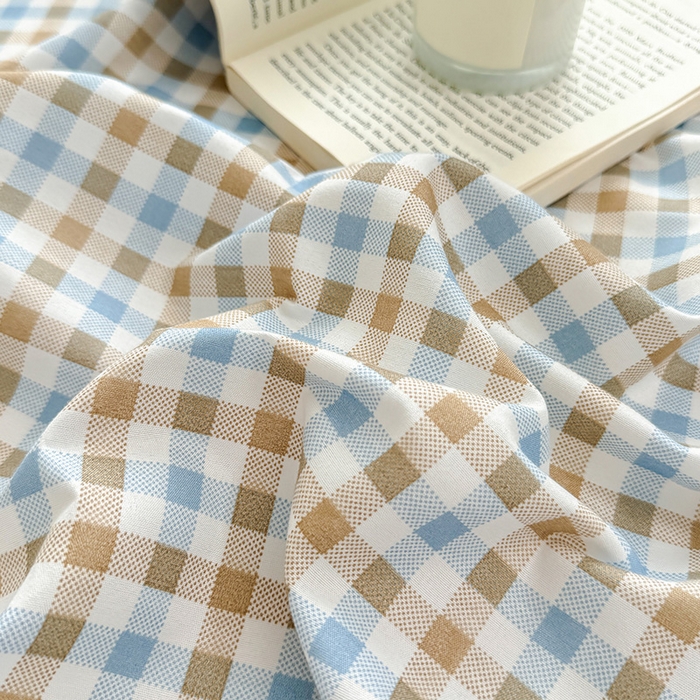 91家纺网 家纺一手货源 找家纺 十一家居 2025年新款ins无印风A类云朵亲肤水洗棉单床单——眠语系列 蓝咖小格