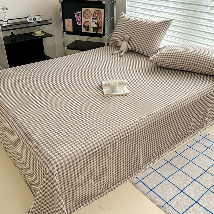 91家纺网 家纺一手货源 找家纺 十一家居 2025年新款ins无印风A类云朵亲肤水洗棉单床单——眠语系列 奶咖小格