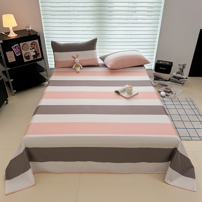 91家纺网 家纺一手货源 找家纺 十一家居 2025年新款ins无印风A类云朵亲肤水洗棉单床单——眠语系列 桃灰格