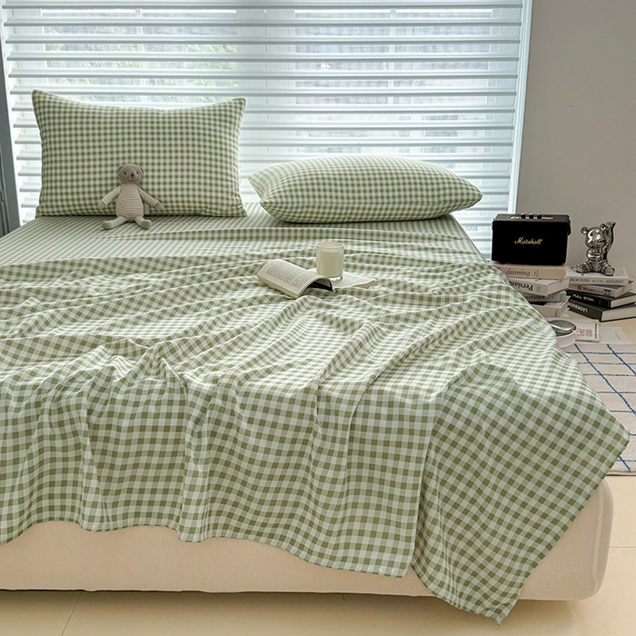 91家纺网 家纺一手货源 找家纺 十一家居 2025年新款ins无印风A类云朵亲肤水洗棉单床单——眠语系列 小绿格