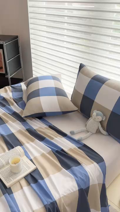 91家纺网 家纺一手货源 找家纺 十一家居 2025年新款ins无印风A类云朵亲肤水洗棉单床单——眠语系列 蓝调大格