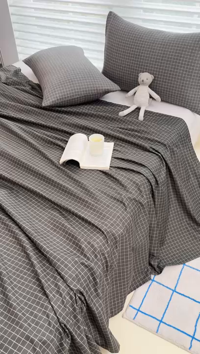 91家纺网 家纺一手货源 找家纺 十一家居 2025年新款ins无印风A类云朵亲肤水洗棉单床单——眠语系列 黑小格