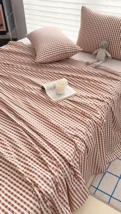 91家纺网 家纺一手货源 找家纺 十一家居 2025年新款ins无印风A类云朵亲肤水洗棉单床单——眠语系列 豆沙小格