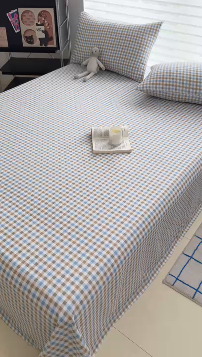 91家纺网 家纺一手货源 找家纺 十一家居 2025年新款ins无印风A类云朵亲肤水洗棉单床单——眠语系列 蓝咖小格