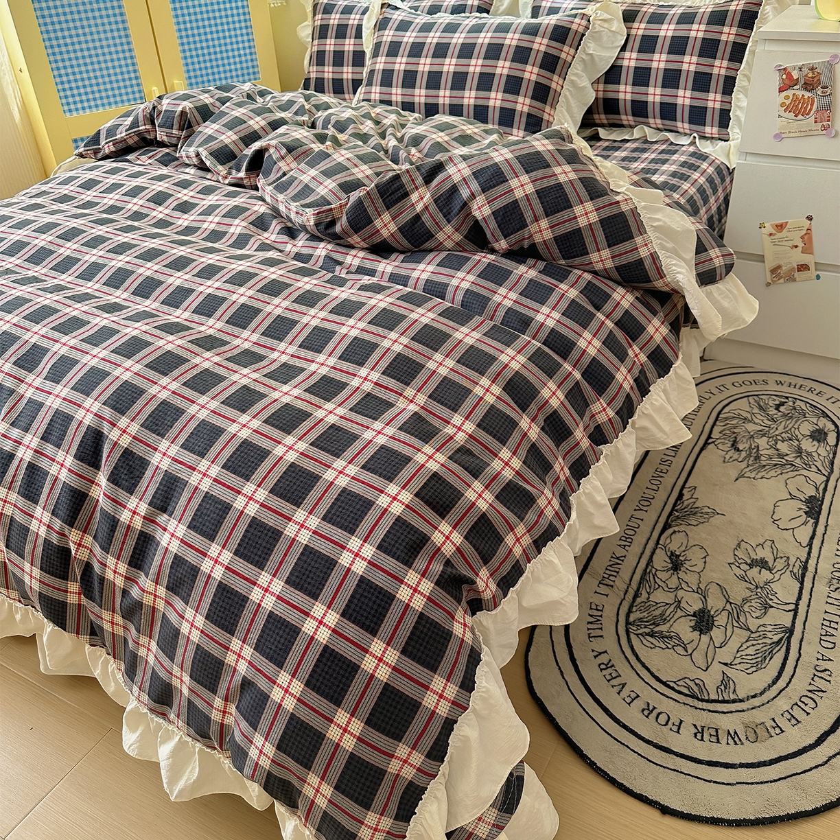 91家纺网 家纺一手货源 找家纺 美梦家纺2025新款皱皱纱花边被套床盖四件套 幻夜