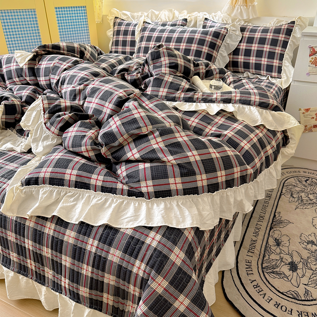 91家纺网 家纺一手货源 找家纺 美梦家纺2025新款皱皱纱花边被套床盖四件套 幻夜