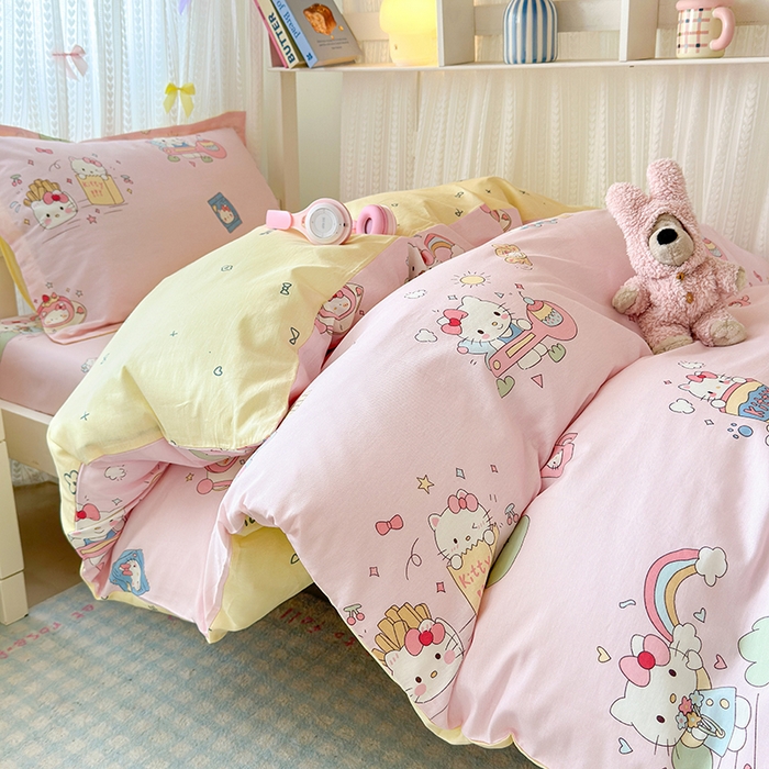 91家纺网 家纺一手货源 找家纺 拾物记 2025新款A类全棉纯棉棉印花学生宿舍三件套上下铺三件套-第二批 彩虹喵