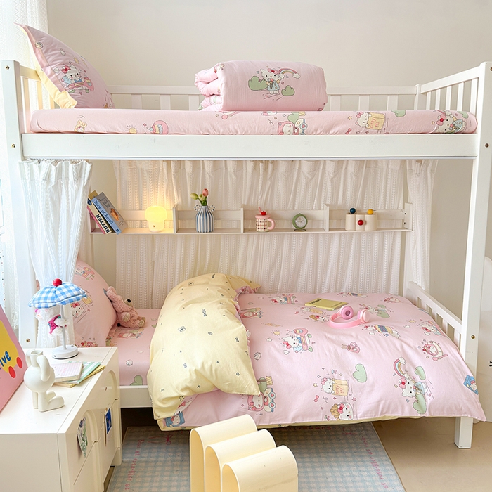 91家纺网 家纺一手货源 找家纺 拾物记 2025新款A类全棉纯棉棉印花学生宿舍三件套上下铺三件套-第二批 彩虹喵