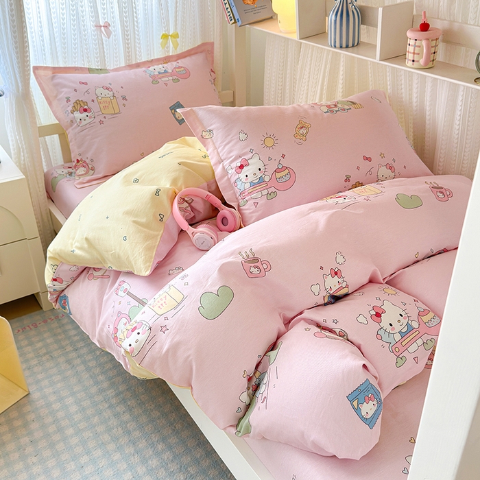 91家纺网 家纺一手货源 找家纺 拾物记 2025新款A类全棉纯棉棉印花学生宿舍三件套上下铺三件套-第二批 彩虹喵