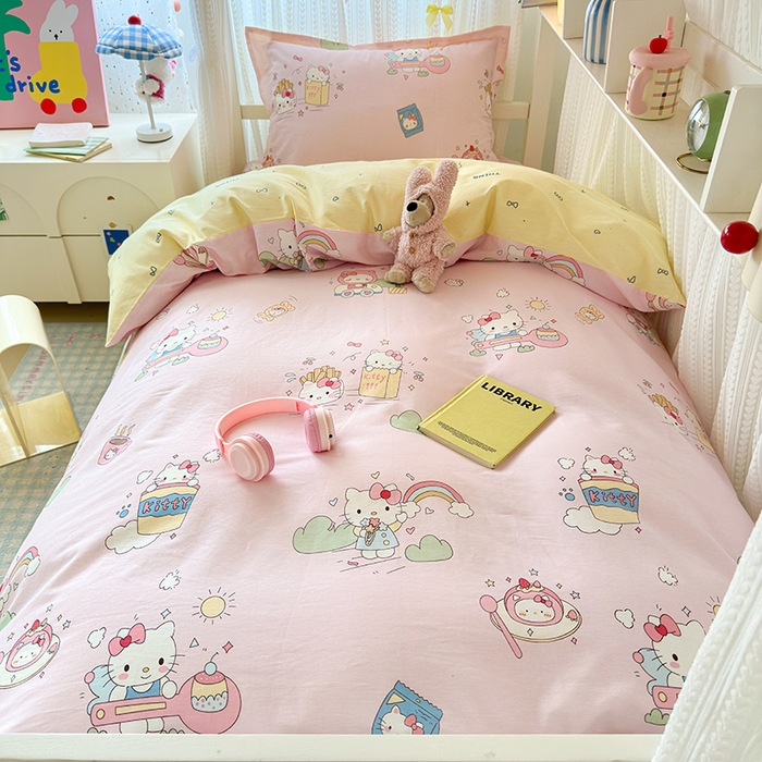 91家纺网 家纺一手货源 找家纺 拾物记 2025新款A类全棉纯棉棉印花学生宿舍三件套上下铺三件套-第二批 彩虹喵