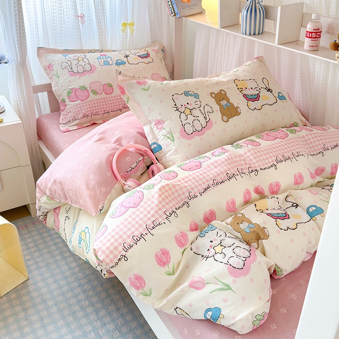 91家纺网 家纺一手货源 找家纺 拾物记 2025新款A类全棉纯棉棉印花学生宿舍三件套上下铺三件套-第二批 叮当奶猫