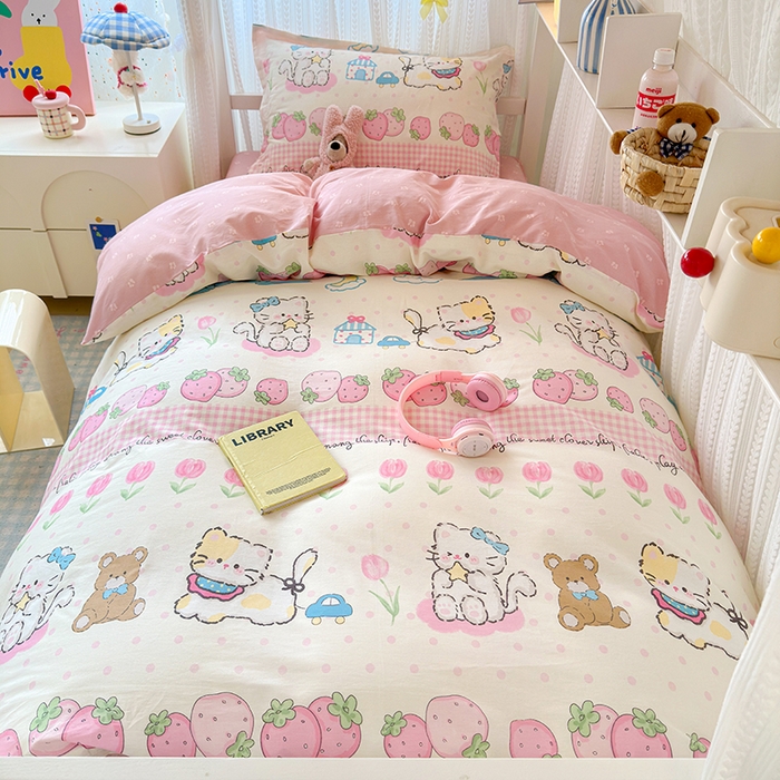 91家纺网 家纺一手货源 找家纺 拾物记 2025新款A类全棉纯棉棉印花学生宿舍三件套上下铺三件套-第二批 叮当奶猫