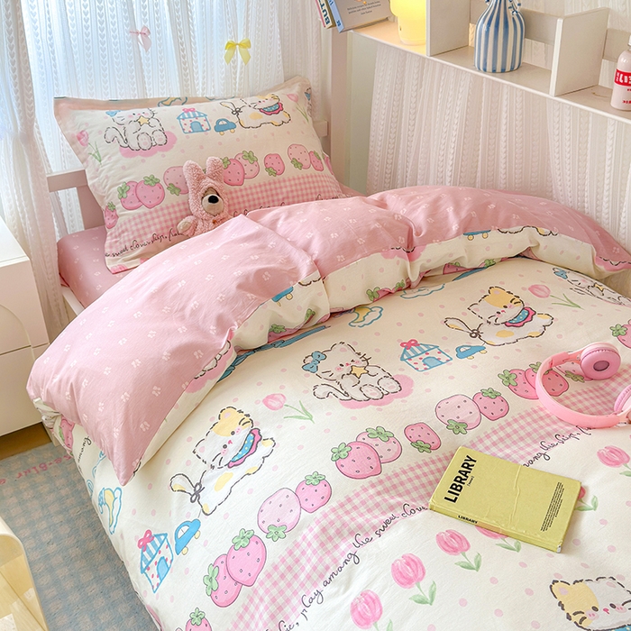 91家纺网 家纺一手货源 找家纺 拾物记 2025新款A类全棉纯棉棉印花学生宿舍三件套上下铺三件套-第二批 叮当奶猫