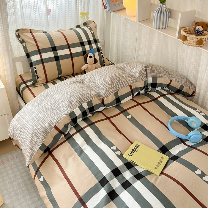 91家纺网 家纺一手货源 找家纺 拾物记 2025新款A类全棉纯棉棉印花学生宿舍三件套上下铺三件套-第二批 格调心情-咖