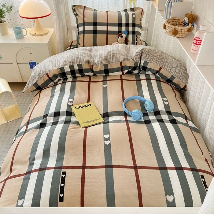 91家纺网 家纺一手货源 找家纺 拾物记 2025新款A类全棉纯棉棉印花学生宿舍三件套上下铺三件套-第二批 格调心情-咖