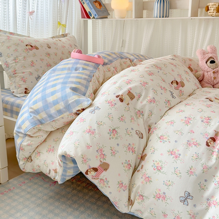 91家纺网 家纺一手货源 找家纺 拾物记 2025新款A类全棉纯棉棉印花学生宿舍三件套上下铺三件套-第二批 花田小狗