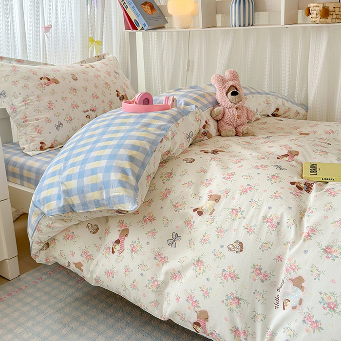 91家纺网 家纺一手货源 找家纺 拾物记 2025新款A类全棉纯棉棉印花学生宿舍三件套上下铺三件套-第二批 花田小狗