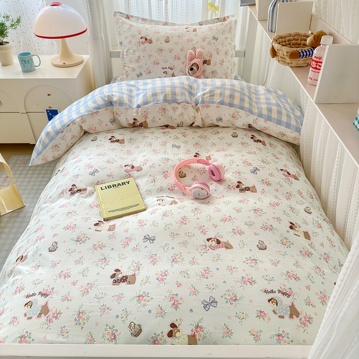 91家纺网 家纺一手货源 找家纺 拾物记 2025新款A类全棉纯棉棉印花学生宿舍三件套上下铺三件套-第二批 花田小狗