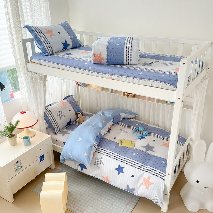 91家纺网 家纺一手货源 找家纺 拾物记 2025新款A类全棉纯棉棉印花学生宿舍三件套上下铺三件套-第二批 蓝色甜星