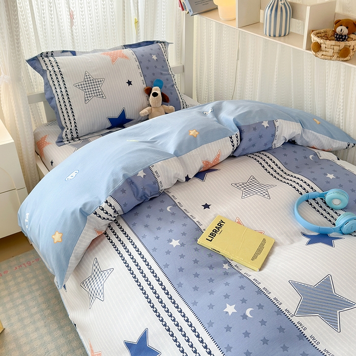 91家纺网 家纺一手货源 找家纺 拾物记 2025新款A类全棉纯棉棉印花学生宿舍三件套上下铺三件套-第二批 蓝色甜星