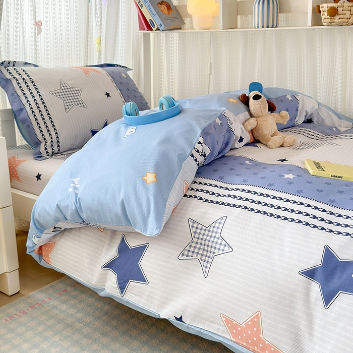 91家纺网 家纺一手货源 找家纺 拾物记 2025新款A类全棉纯棉棉印花学生宿舍三件套上下铺三件套-第二批 蓝色甜星