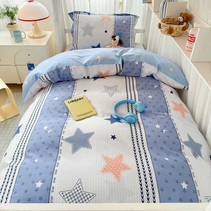 91家纺网 家纺一手货源 找家纺 拾物记 2025新款A类全棉纯棉棉印花学生宿舍三件套上下铺三件套-第二批 蓝色甜星