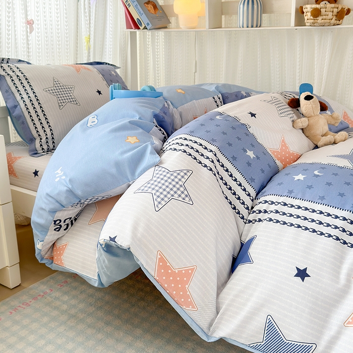 91家纺网 家纺一手货源 找家纺 拾物记 2025新款A类全棉纯棉棉印花学生宿舍三件套上下铺三件套-第二批 蓝色甜星