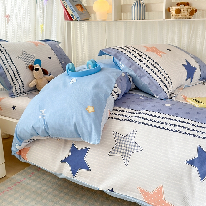 91家纺网 家纺一手货源 找家纺 拾物记 2025新款A类全棉纯棉棉印花学生宿舍三件套上下铺三件套-第二批 蓝色甜星