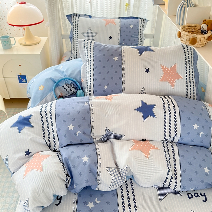 91家纺网 家纺一手货源 找家纺 拾物记 2025新款A类全棉纯棉棉印花学生宿舍三件套上下铺三件套-第二批 蓝色甜星