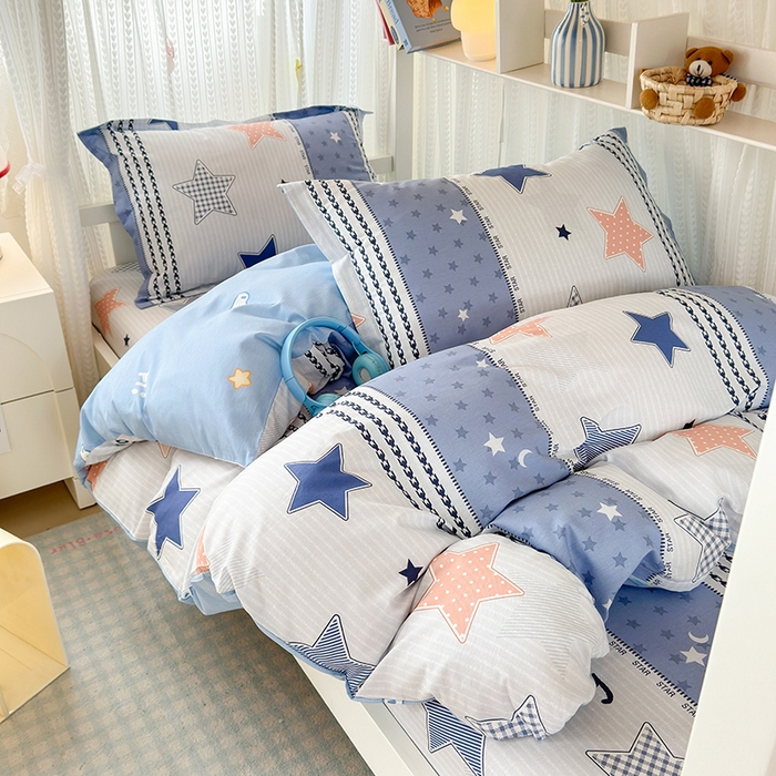 91家纺网 家纺一手货源 找家纺 拾物记 2025新款A类全棉纯棉棉印花学生宿舍三件套上下铺三件套-第二批 蓝色甜星