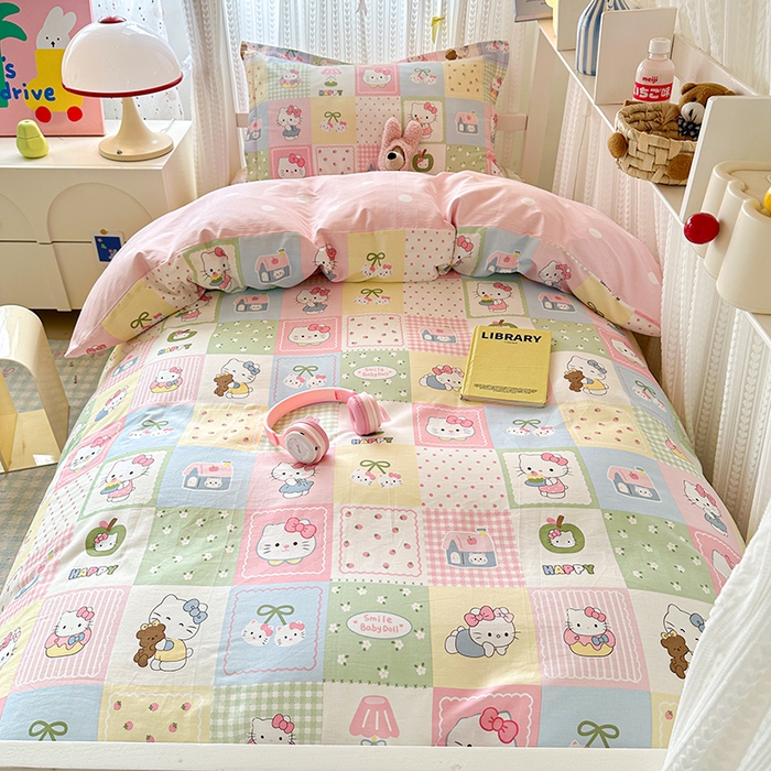 91家纺网 家纺一手货源 找家纺 拾物记 2025新款A类全棉纯棉棉印花学生宿舍三件套上下铺三件套-第二批 甜心猫咪