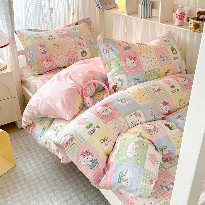 91家纺网 家纺一手货源 找家纺 拾物记 2025新款A类全棉纯棉棉印花学生宿舍三件套上下铺三件套-第二批 甜心猫咪